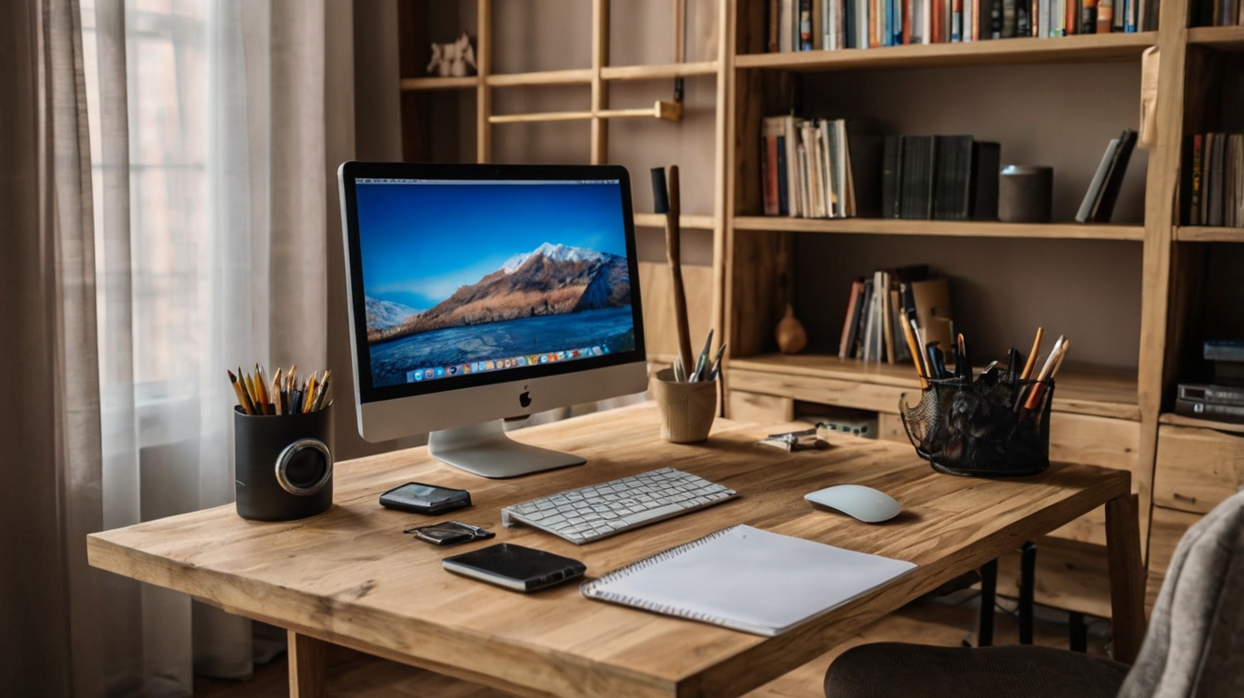 Mesa com computador e livros em uma estante