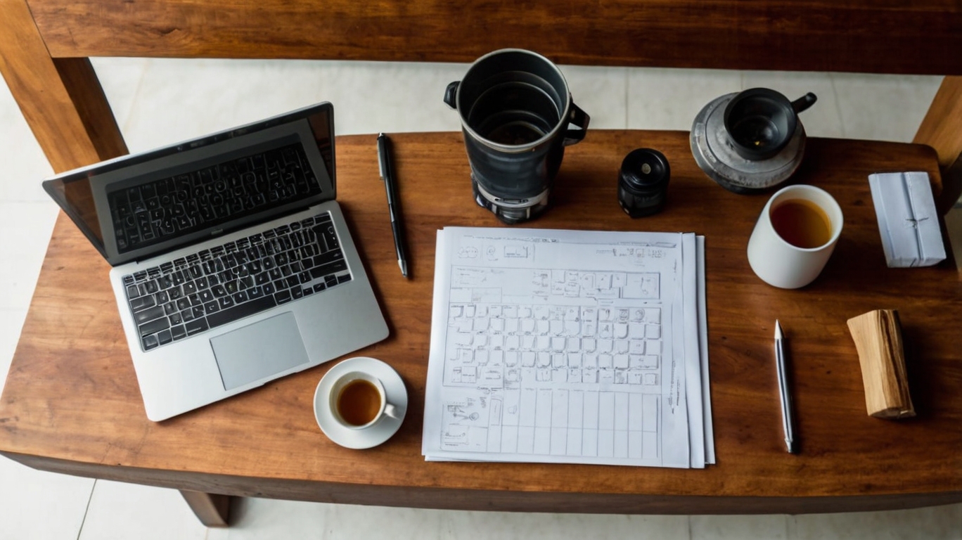 Mesa com notebook, papéis, caneta e uma xícara de café